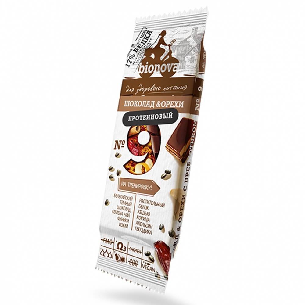 Протеиновый Батончик Bionova "№9 Шоколад и орехи с пребиотиком", 35 гр