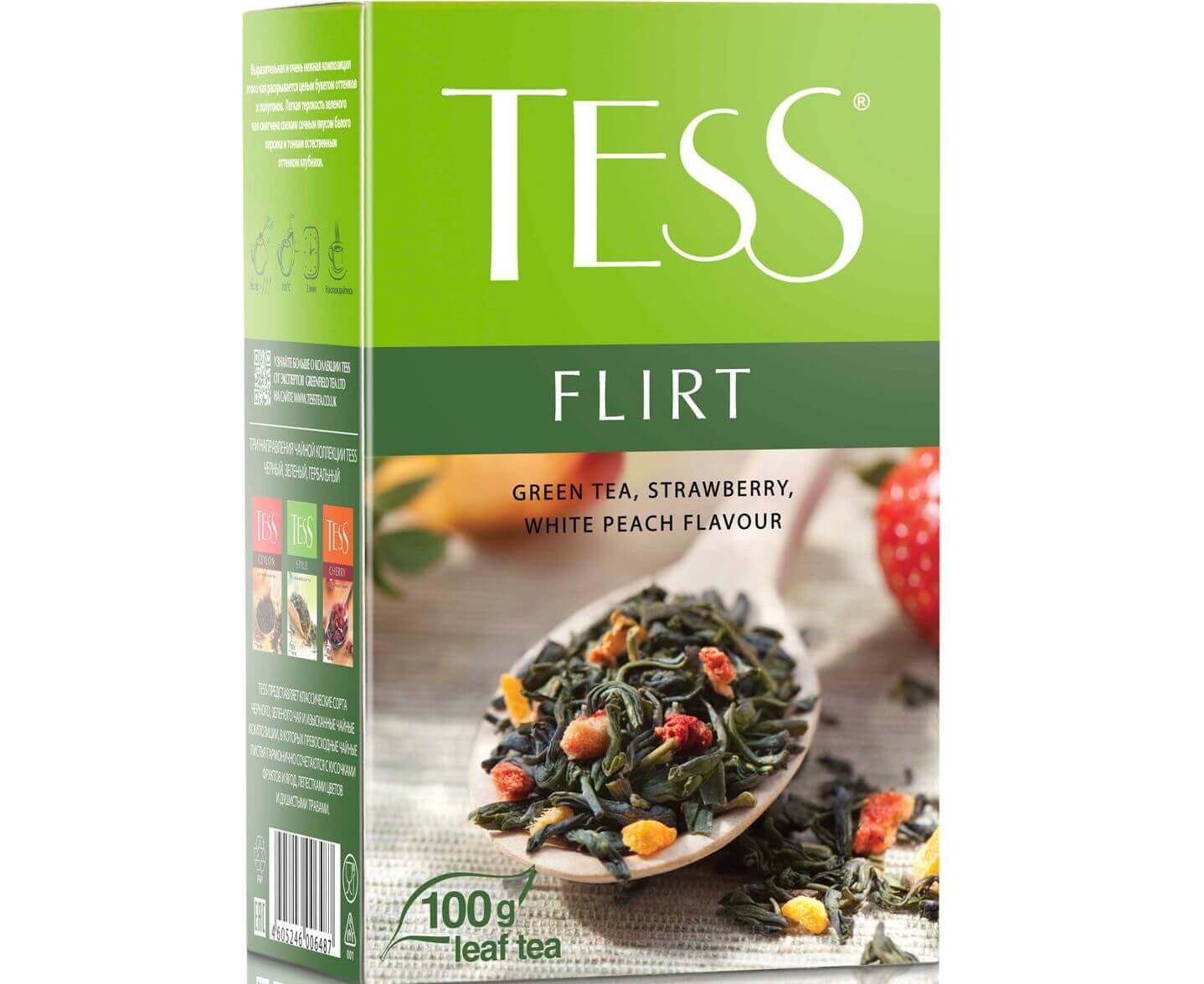 Чай зеленый листовой Flirt с клубникой и ароматом белого персика, 100 г, Tess