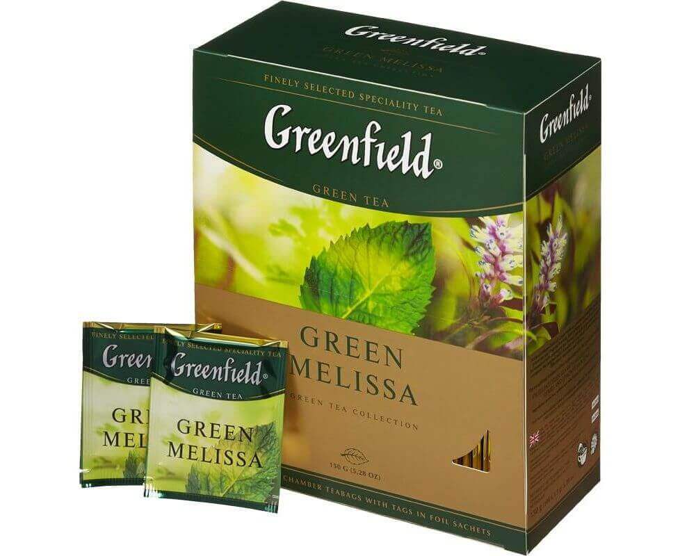 Гринфилд это. Чай Гринфилд Green Melissa. Greenfield чай зеленый Green Melissa 100 пак.