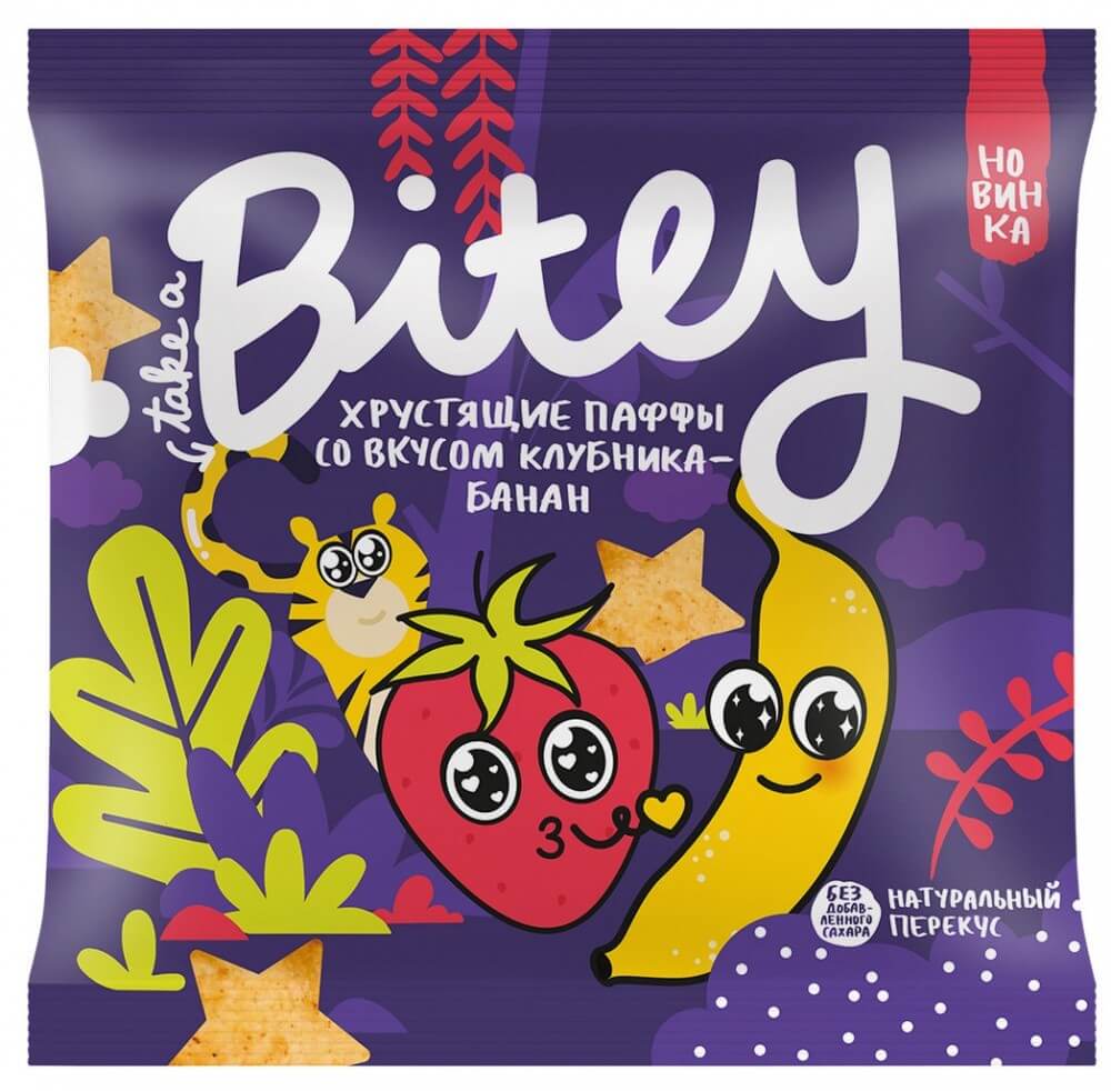 Экструдированные мультизлаковые фигурки Take a Bitey "Паффы со вкусом Клубника-Банан", 20 гр