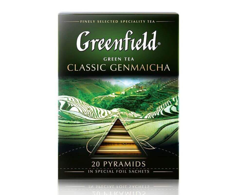 Гринфил. Чай Greenfield Classic Genmaicha. Чай Greenfield Green Tea Classic Genmaicha. Гринфилд Классик Генмайча. Гринфилд зеленый чай в пирамидках.