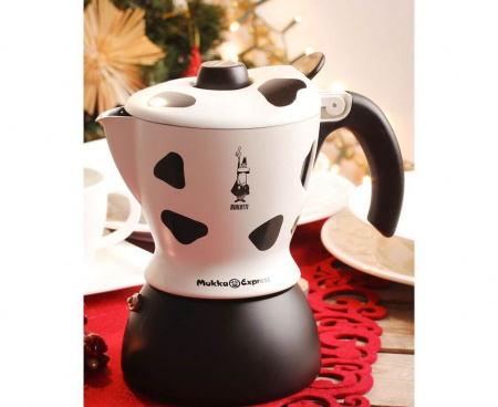 Гейзерная кофеварка MUKKA EXPRESS MACULATA на 2 чашки 220 мл, бело-черная, алюминий, Bialetti