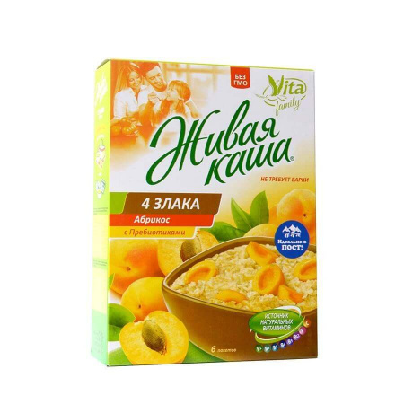 Каша Vita "4 злака с абрикосами", хлопья цельнозерновые с проростками, 210 гр, 6 пакетиков