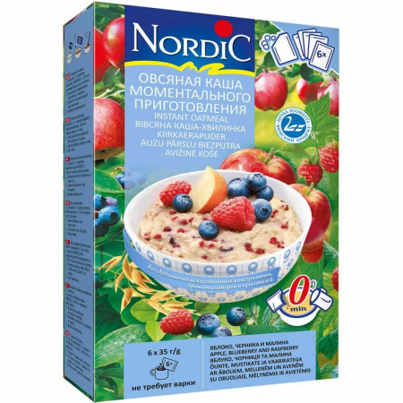 Каша Nordic "Овсяная каша с яблоками, черникой и малиной", моментального приготовления, 6 штук по 35