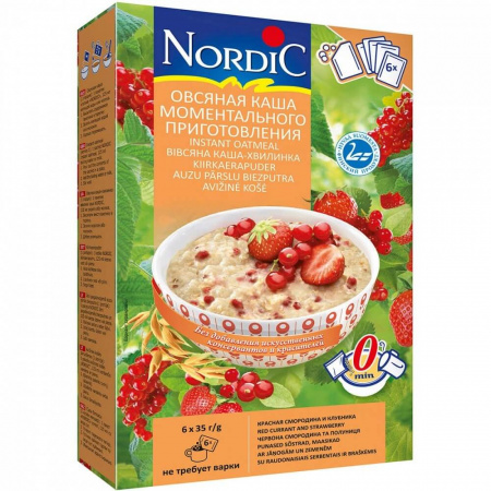 Каша Nordic "Овсяная с красной смородиной и клубникой",  моментального приготовления, 6 штук по 35 г