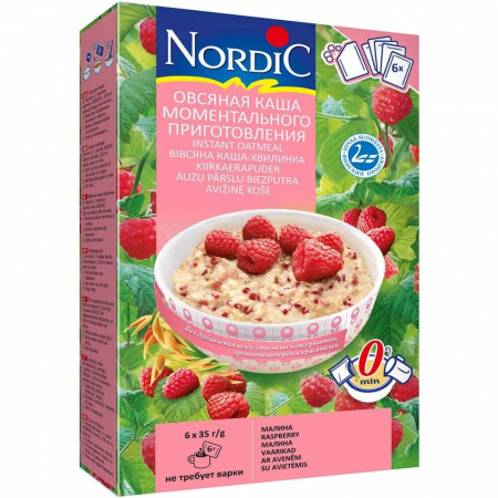 Каша Nordic "Овсяная с малиной", моментального приготовления, 6 штук по 35 гр