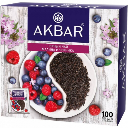 Чай Akbar "Малина и Черника", черный с добавками, 100 сашетов