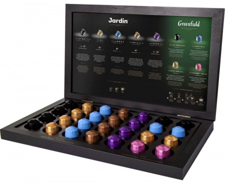ПОДАРОЧНЫЙ НАБОР JARDIN/GREENFIELD КОФЕ И ЧАЙ В КАПСУЛАХ NESPRESSO, 9 ВКУСОВ, В ДЕРЕВЯННОЙ ШКАТУЛКЕ, 28 ШТ.