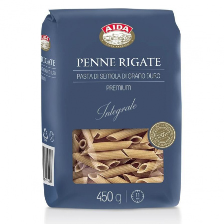 Макароны Aida "Penne Rigate", цельнозерновые перья, 450 гр