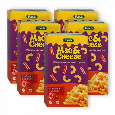 Макароны с сырным соусом Foody "Mac&Cheese", карбонара с беконом, 5 упаковок по 143 гр