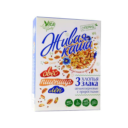 Каша Vita "3 злака", пшеница, овес, лён, хлопья цельнозерновые с проростками, 300 гр