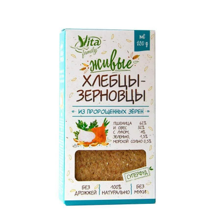 Хлебцы Vita "Пшеница и овес с луком и морской солью", из пророщенных зерен, 120 гр