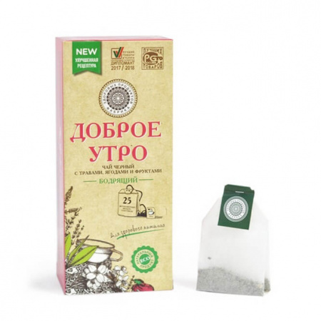 Чай Фабрика Здоровых Продуктов "Доброе утро Бодрящий", чёрный с травами, ягодами и фруктами, 25 паке
