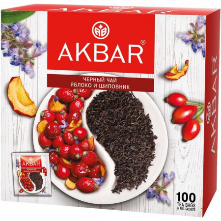 Чай Akbar "Яблоко и Шиповник", черный с добавками, 100 сашетов