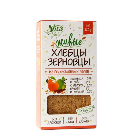 Хлебцы Vita "Пшеница и овес с грушей, яблоком и корицей", из пророщенных зерен, 120 гр