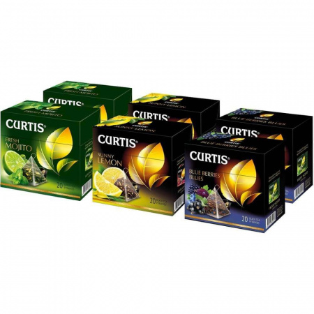 Набор чая Curtis "Fresh Mojito | Sunny Lemon | Blue berries blues", ассорти, 20 пирамидок х 6 упаков