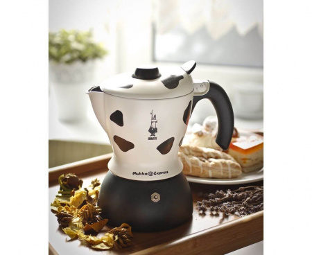 Гейзерная кофеварка MUKKA EXPRESS MACULATA на 2 чашки 220 мл, бело-черная, алюминий, Bialetti